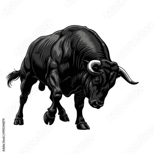 Powerful black bull with muscular physique and sharp horns, depicted in a dynamic stance.