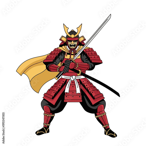 A fierce samurai warrior in traditional red armor holding a katana sword, ready for battle.