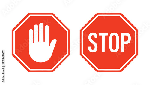 Red stop sign icons with hand symbol and stop text, traffic warning and prohibition symbol illustration set on white background