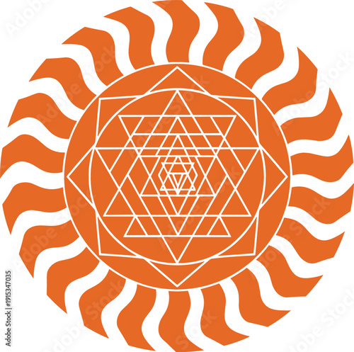 Orange sacred geometry mandala with solar rays and intricate overlapping triangles for spirituality wellness yoga meditation and modern ethnic graphic design vector.