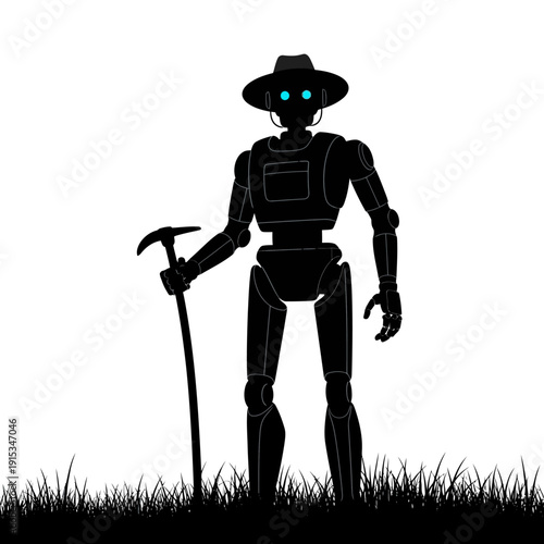 Silhouette of a robot wearing a hat and holding a cane, standing in grass.