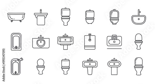 Bathroom Fixtures Vector Set with Bathtub, Sink, and Toilet for Interior Design Layout