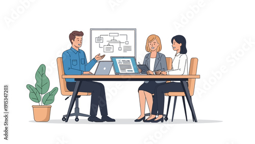 Business meeting with three people discussing a flowchart on a whiteboard in an office setting.