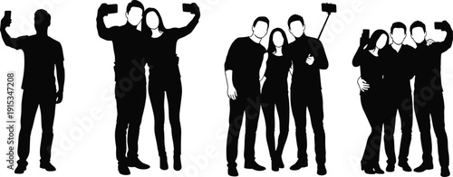 Black Silhouettes of People and Friends Taking Selfies with Smartphones and Selfie Stick Isolated on White Background for Social Media and Technology Concepts.