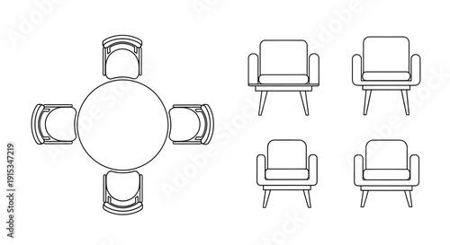Round Dining Table with Chairs Vector Set for Furniture Design