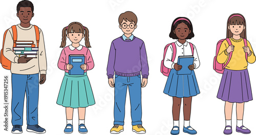 Diverse group of primary school students with backpacks and books standing together for education e-learning back to school and childhood concept vector.