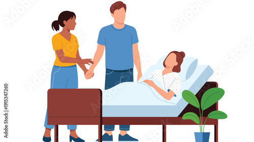 Family visiting patient in hospital room illustration, healthcare support, care and recovery concept with relatives and medical setting