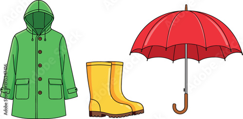 Rainy weather set featuring a green hooded raincoat yellow rubber boots and a red umbrella for autumn season and storm protection vector.