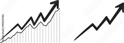A graphic illustration of two upward trending arrow charts on a white background vector silhouette