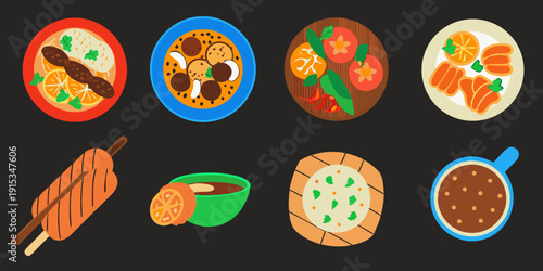 Colorful flat lay illustration of various grilled and plated foods