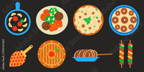 Assortment of colorful flat design food icons on a dark background