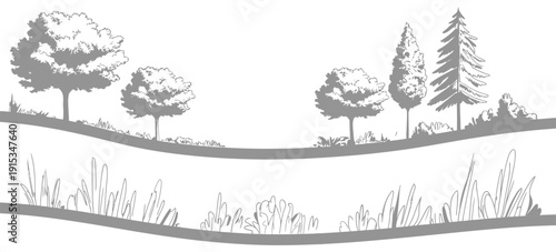 Architectural Drawing minimal CAD tree line drawing, side view isolated, wetland forest sections, vector elements