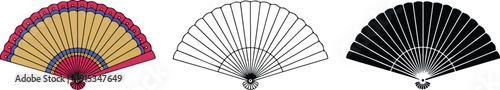 Hand fan silhouette & Outline and illustration set isolated on transparent background