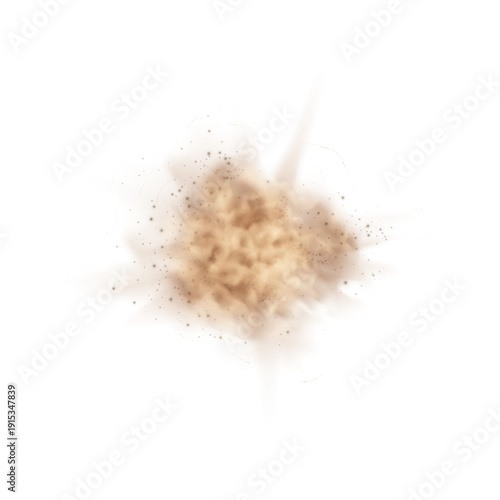Dust brown powder burst with flying sand particles, vector realistic dust haze cloud explosion effect, sandy-smoke bang