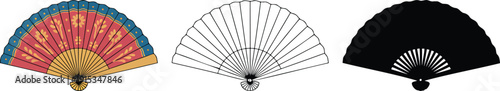 Hand fan silhouette & Outline and illustration set isolated on transparent background