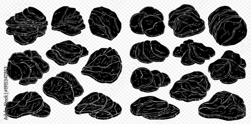 Set of Hand-Drawn Dried Prunes Silhouettes on Transparent Background.