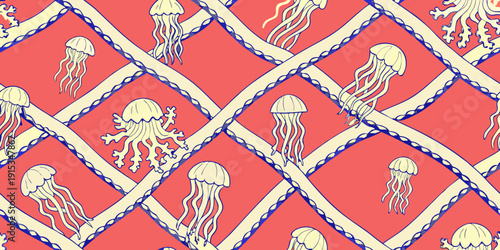 Repeating pattern of jellyfish within a blue diamond lattice on red