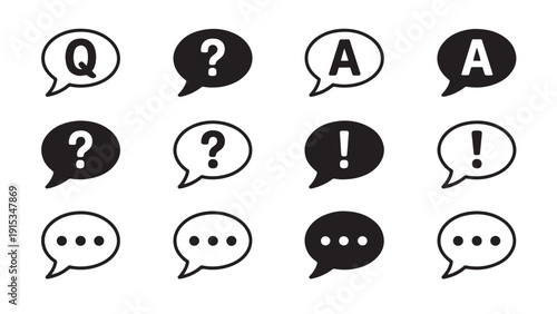 Minimalist speech bubble communication icon set variations