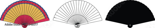 Hand fan silhouette & Outline and illustration set isolated on transparent background