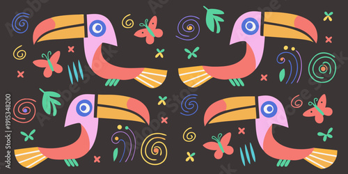 Colorful toucan pattern with floral and abstract design elements