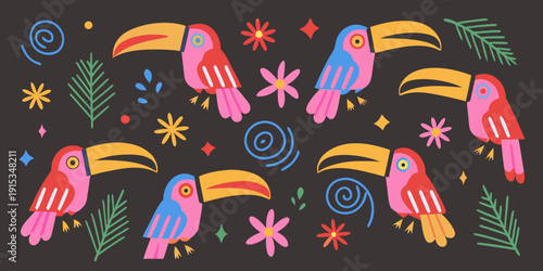 Colorful toucans and tropical foliage in a playful repeating pattern