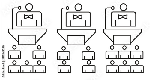 Conference icon. Editable outline and flat style, podium symbol for business meeting with microphone in glyph pictogram illustration, EPS10 on white background, vector illustration.