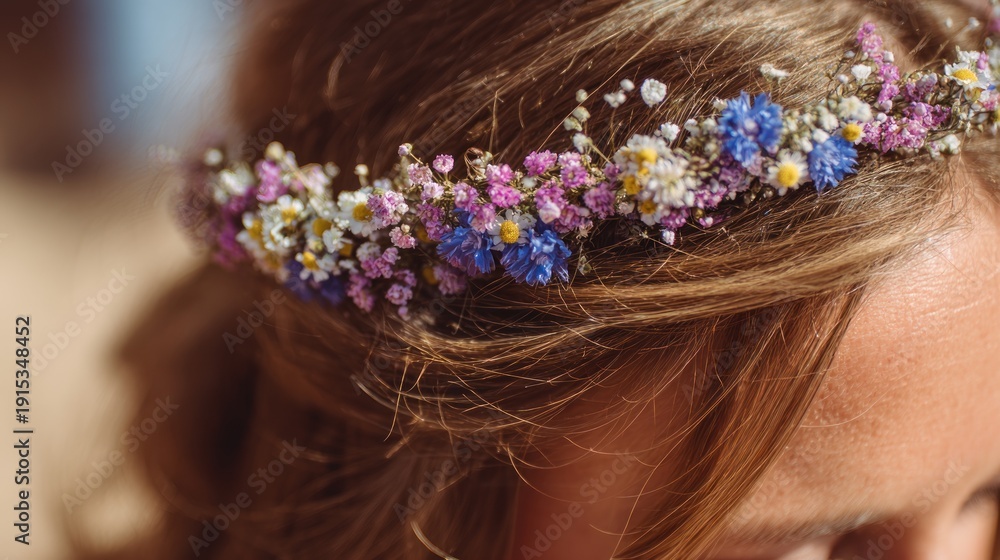 Naklejka premium Woman wearing floral hair accessory jewelry.