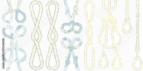 Collection of nautical ropes and knots in a vertical arrangement