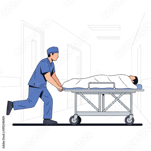 A medical professional pushing a patient on a hospital gurney through a clinical setting with a white background and gray outlines.