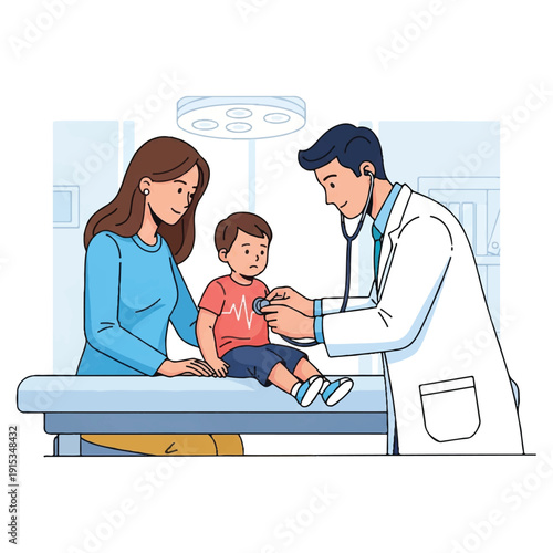 A doctor examines a young boy on an examination table with his mother present in a clinical setting.