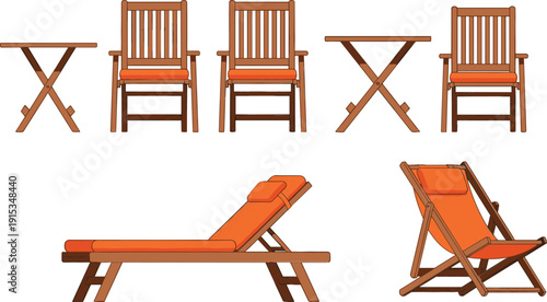 Wooden outdoor patio furniture set featuring folding tables garden chairs and orange sun loungers for backyard deck and poolside summer relaxation vector.