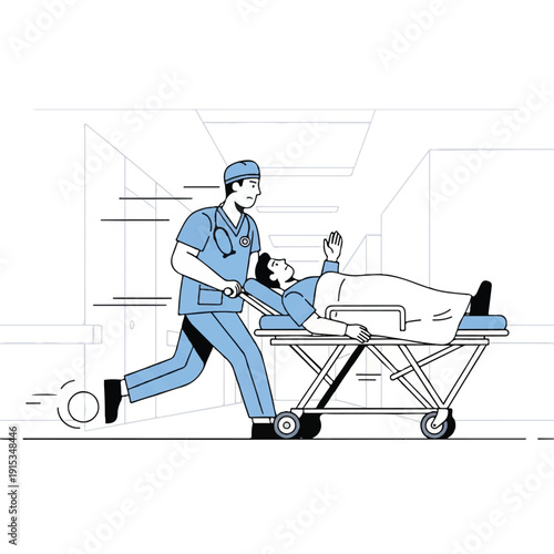 A medical professional pushing a patient on a hospital gurney in a minimalist, monochromatic line drawing with a sense of urgency and concern.