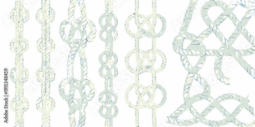 Intricate patterns of woven ropes and knots against a white background