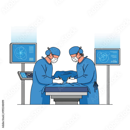 Two surgeons in blue scrubs and masks performing surgery with monitors displaying vital signs in the background.