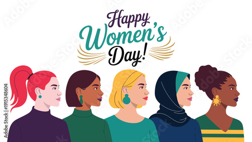 Happy Women’s Day illustration with diverse female profiles, empowerment, equality and solidarity celebration concept design