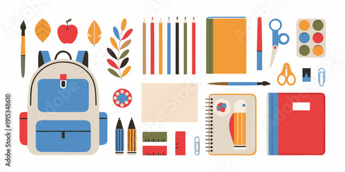 School supplies arranged in a colorful flat lay composition