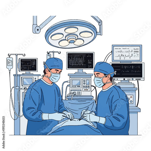 Illustration of two surgeons in blue scrubs performing surgery in a hospital operating room with medical equipment and monitors.