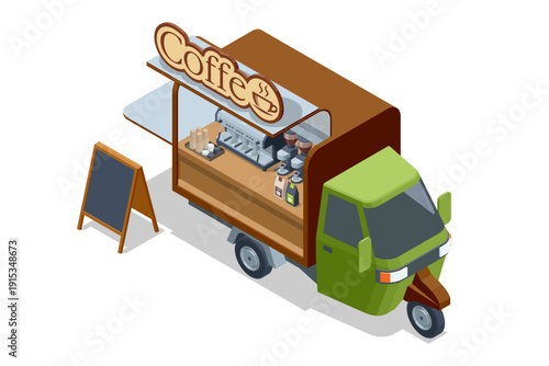 Three-wheeled small truck. Isometric illustration of a coffee food truck with service window and menu board, street cafe vehicle for hot drink takeaway, urban mobile business concept.
