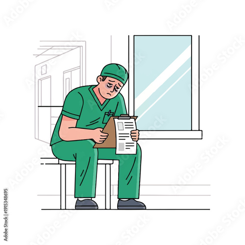 Illustration of a tired male nurse in green scrubs sitting on a bench reading medical records by a window in a hospital