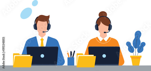 Customer service representatives with headsets working at laptops in call center office for telemarketing support help desk and corporate communication concept vector.