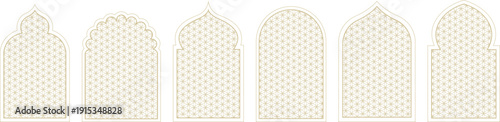 Islamic arch window frame set with soft dotted pattern. Arabic geometric niche shapes in minimal light outline vector. Decorative mosque style panel elements for elegant background design.