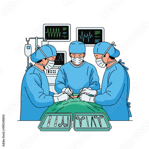 Illustration of three surgeons in blue scrubs and masks performing surgery with medical tools on a patient in an operating room with monitoring screens.