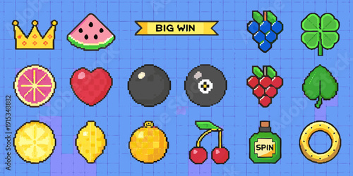 Pixelated slot machine symbols fruits hearts and lucky charms