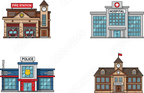 Set of flat public service buildings including fire station hospital police station and school for city map infographics community icons and educational design vector.