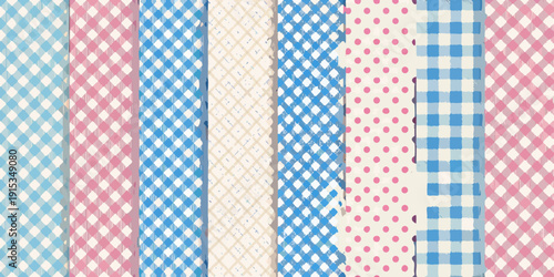 Colorful gingham and polka dot patterns arranged in vertical stripes