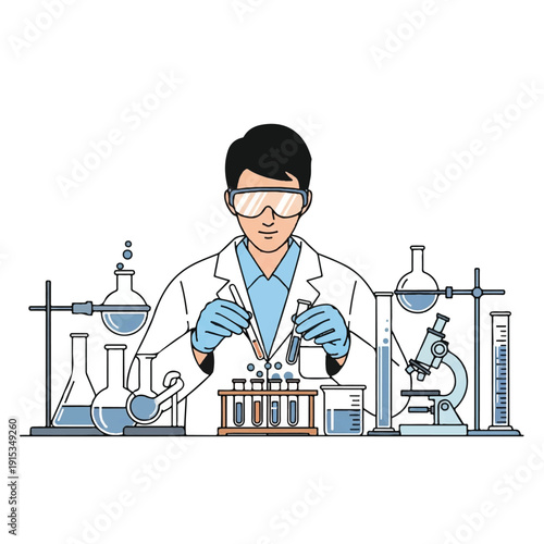 A scientist in a lab coat works with test tubes and various laboratory equipment in a clean and organized lab setting with a professional and focused mood.