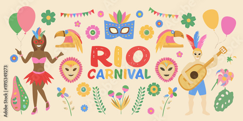 A colorful illustration depicting elements of the rio carnival celebration