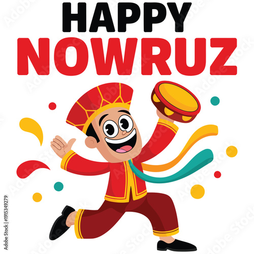 Happy Nowruz cartoon character playing traditional drum, Persian New Year celebration with festive costume and colorful design