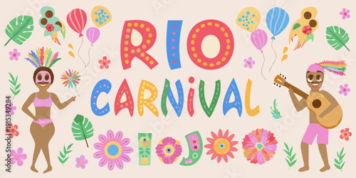 A colorful illustration celebrating the rio carnival with dancers and decorations