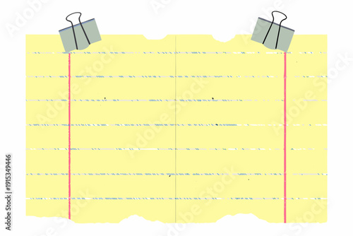 Two silver binder clips holding a yellow lined notepad open